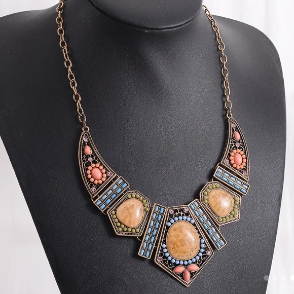 Beaded, Jeweled Vintage Inspired, Bohemian Geometric Statement Necklace - Picture 4 of 7
